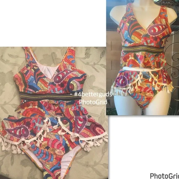 New Tankini Ruffle Colorful Abstract Graphic Boho Print Tassel Swimsuit Medium - Picture 16 of 16